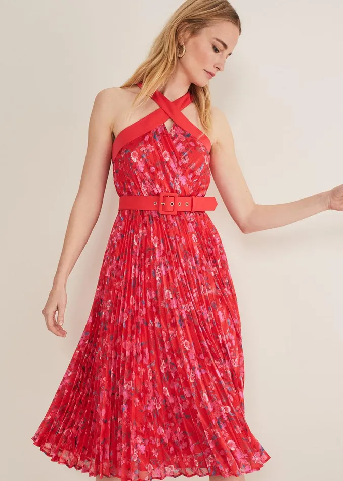 Women Phase Eight Occasion Dresses Zoya Pleat Midi Floral Dress Redpink