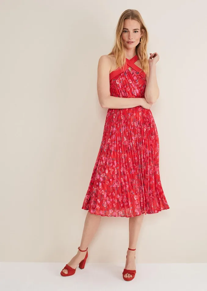 Women Phase Eight Occasion Dresses Zoya Pleat Midi Floral Dress Redpink