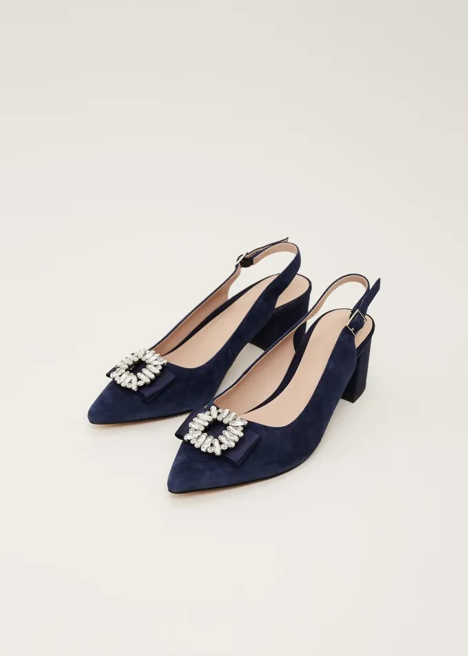 Women Phase Eight Occasion Shoes Embellished Toe Block Heel Slingback Navy