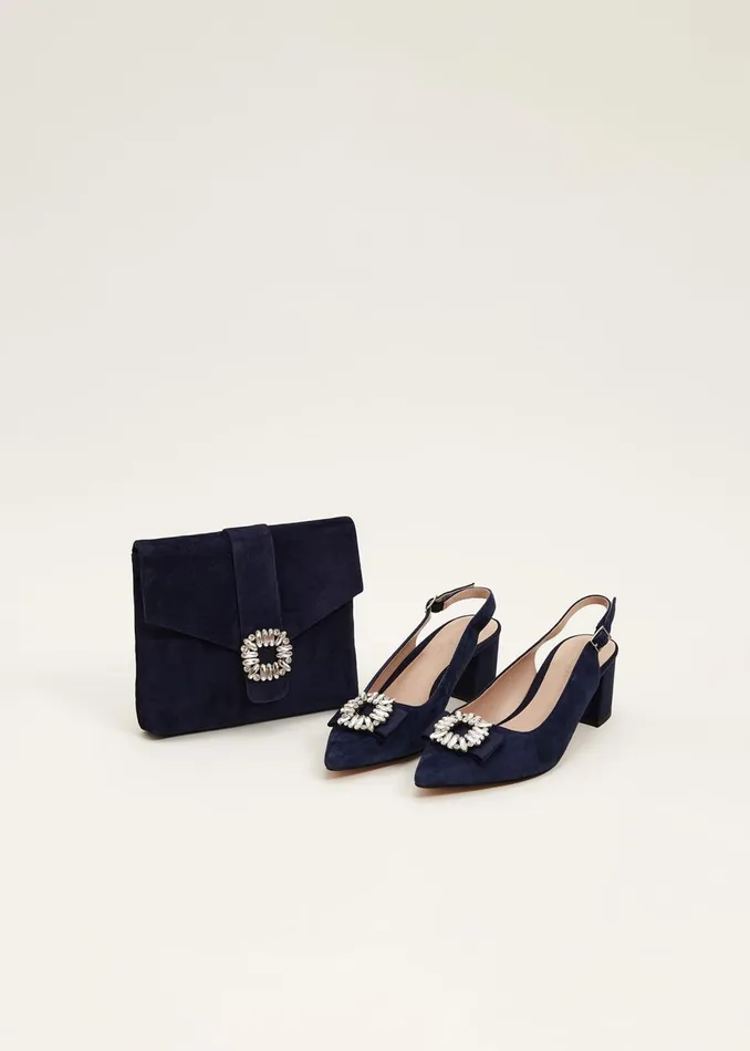 Women Phase Eight Occasion Shoes Embellished Toe Block Heel Slingback Navy