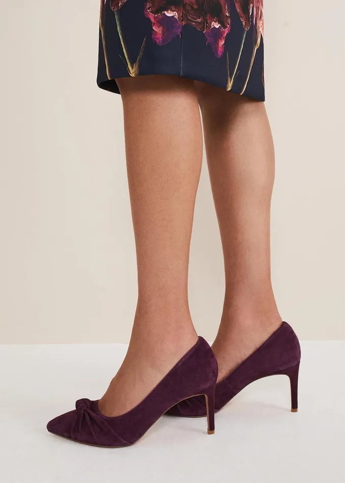 Women Phase Eight Occasion Shoes Knot Front Suede Court Shoe Plum