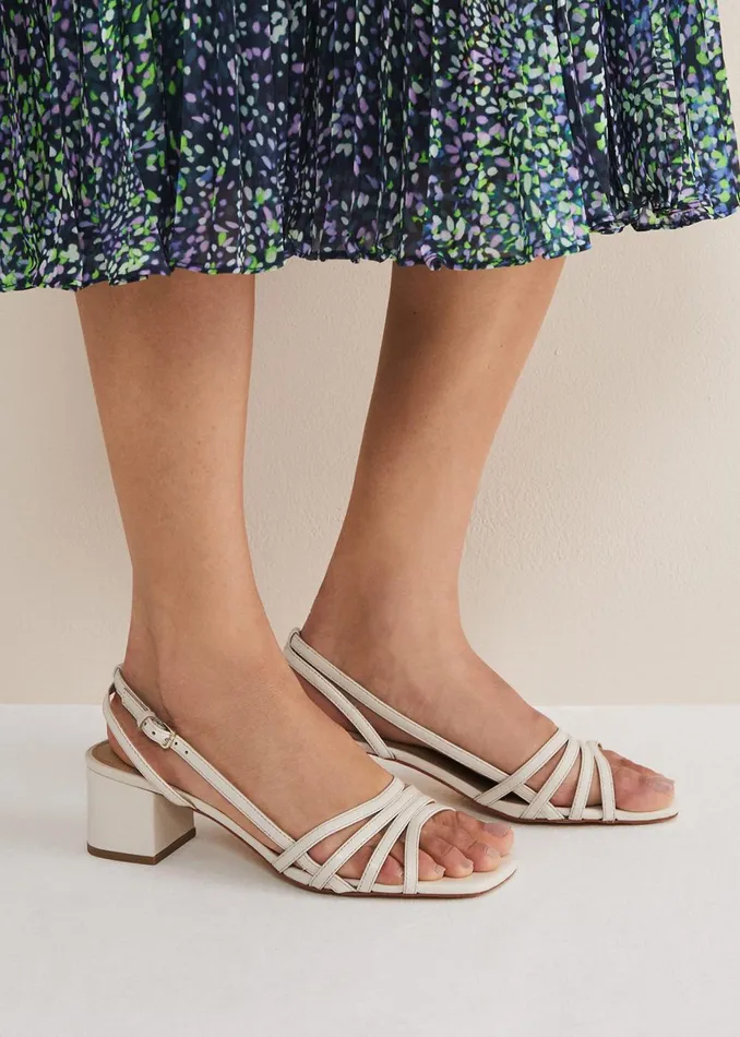 Women Phase Eight Occasion Shoes Leather Slingback Block Heel Sandal Cream