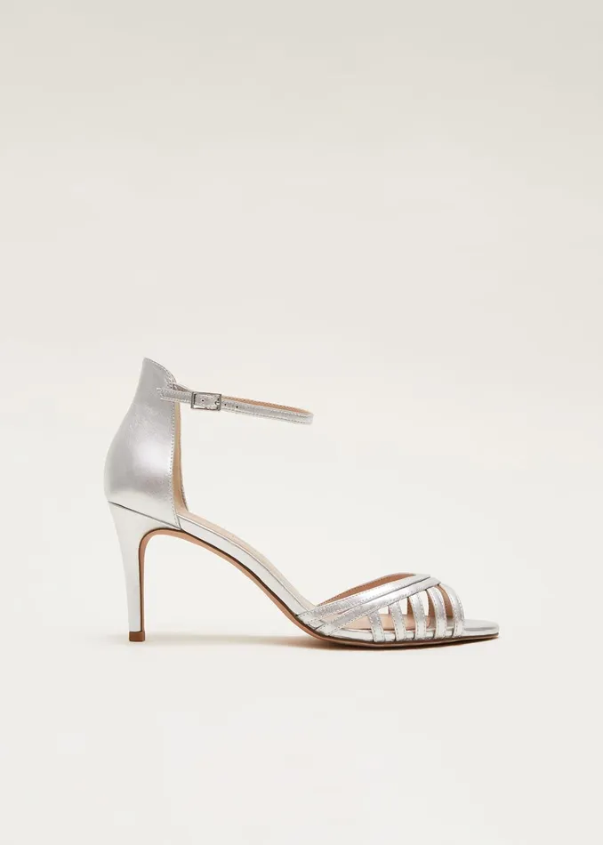 Women Phase Eight Occasion Shoes Silver Leather Open Toe Heels Silver