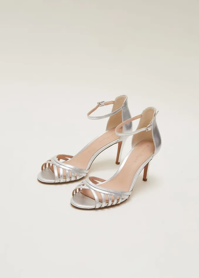 Women Phase Eight Occasion Shoes Silver Leather Open Toe Heels Silver