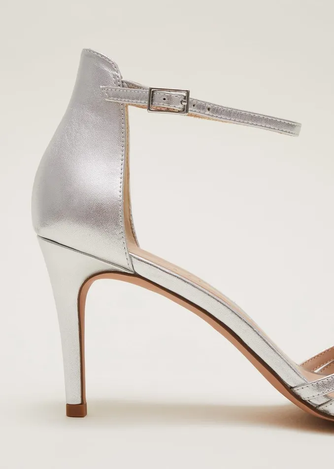 Women Phase Eight Occasion Shoes Silver Leather Open Toe Heels Silver