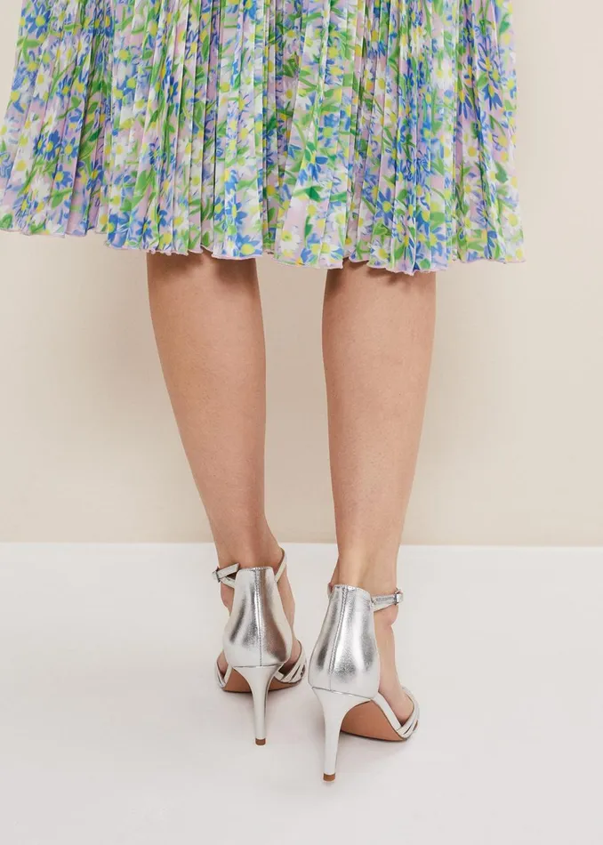 Women Phase Eight Occasion Shoes Silver Leather Open Toe Heels Silver