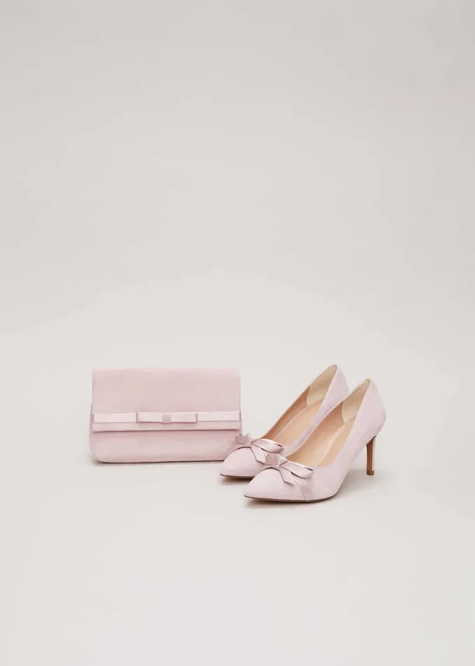 Women Phase Eight Occasion Shoes Suede Bow Front Court Shoe Pale Pink