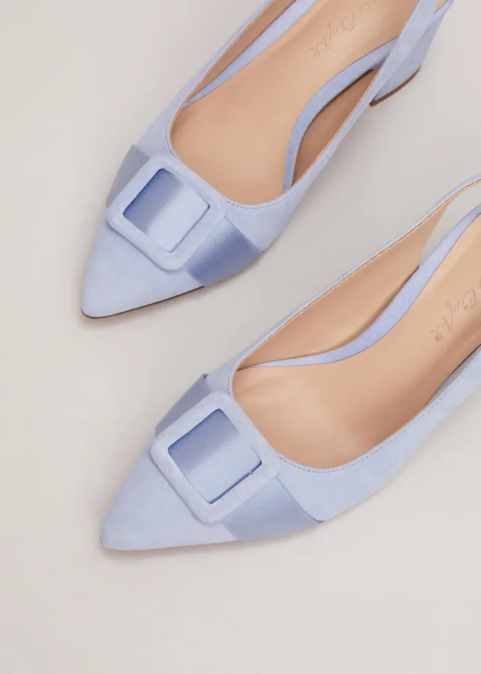 Women Phase Eight Occasion Shoes Suede Buckle Block Heel Shoes Pale Blue