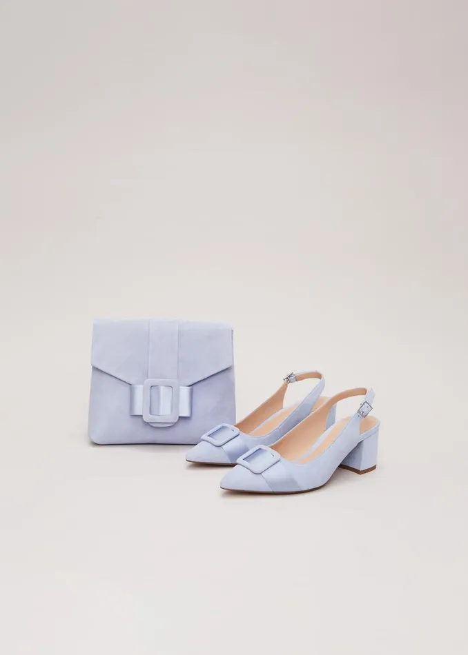 Women Phase Eight Occasion Shoes Suede Buckle Block Heel Shoes Pale Blue