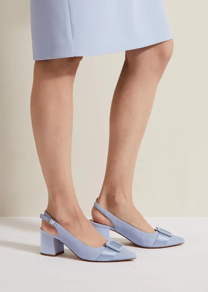 Women Phase Eight Occasion Shoes Suede Buckle Block Heel Shoes Pale Blue