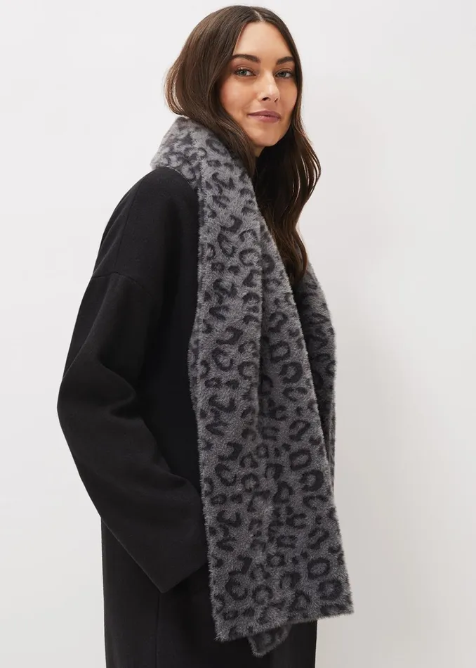 Women Phase Eight Scarves Fiona Leopard Print Fluffy Scarf Charcoal