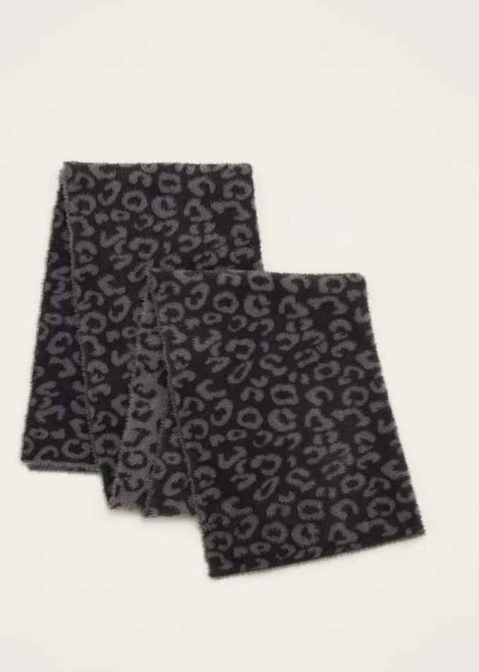 Women Phase Eight Scarves Fiona Leopard Print Fluffy Scarf Charcoal