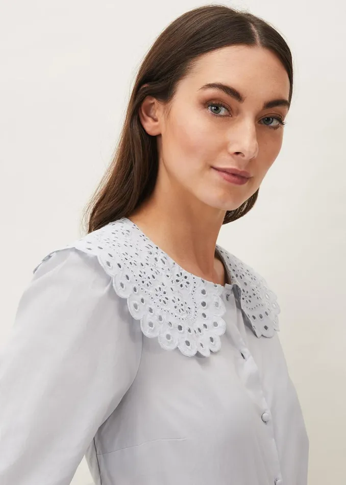 Women Phase Eight Shirts and Blouses Amelia Oversized Embroidered Collar Blouse Soft Blue