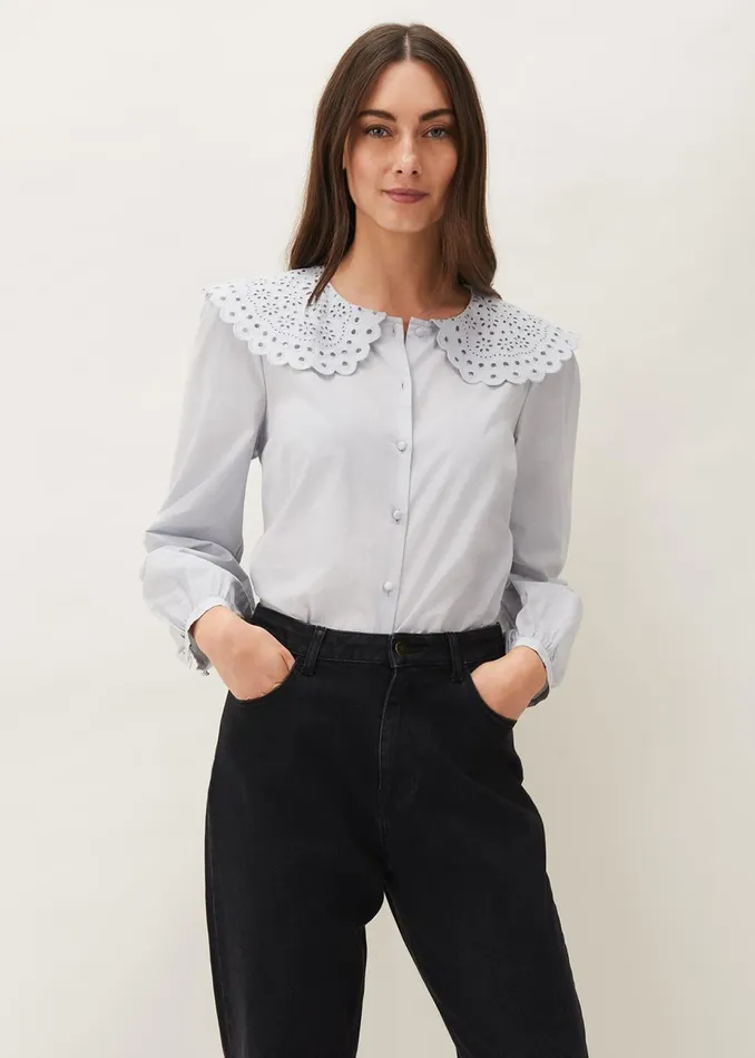 Women Phase Eight Shirts and Blouses Amelia Oversized Embroidered Collar Blouse Soft Blue