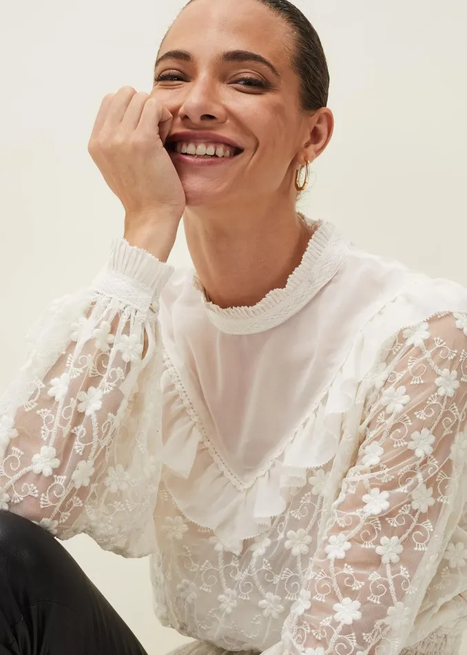 Women Phase Eight Shirts and Blouses Coralina Embroidered Frill Blouse Oyster