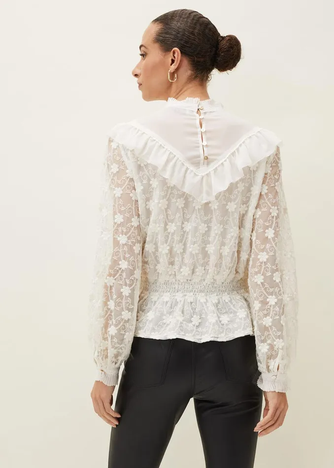 Women Phase Eight Shirts and Blouses Coralina Embroidered Frill Blouse Oyster