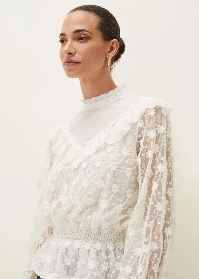 Women Phase Eight Shirts and Blouses Coralina Embroidered Frill Blouse Oyster