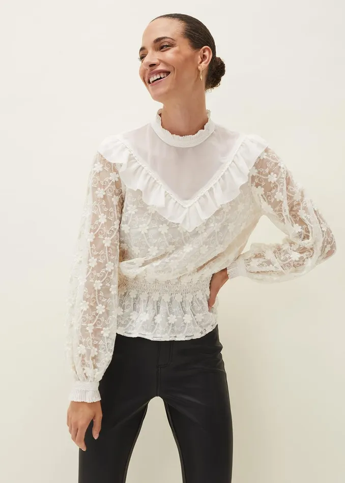 Women Phase Eight Shirts and Blouses Coralina Embroidered Frill Blouse Oyster