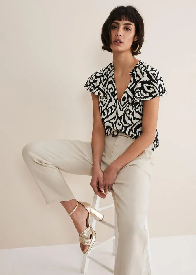 Women Phase Eight Shirts and Blouses Dalia Ikat Ruffle Top Blackivory