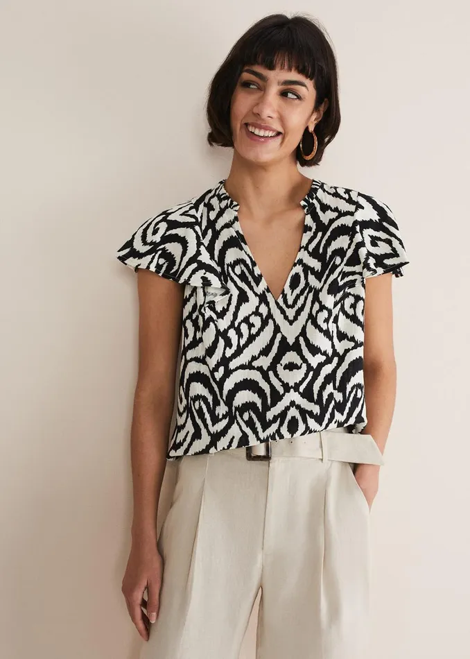 Women Phase Eight Shirts and Blouses Dalia Ikat Ruffle Top Blackivory
