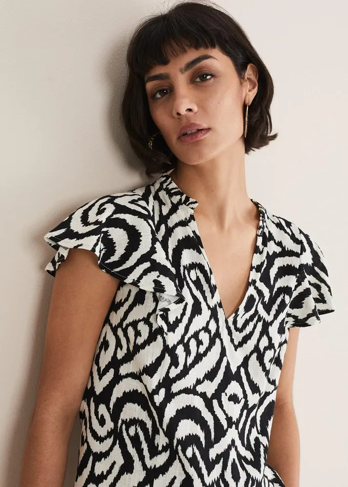 Women Phase Eight Shirts and Blouses Dalia Ikat Ruffle Top Blackivory
