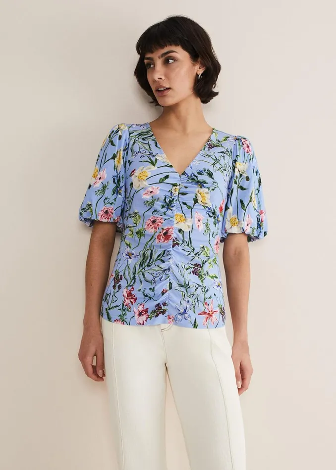 Women Phase Eight Shirts and Blouses Donda Floral Ruched Top Bluemulti