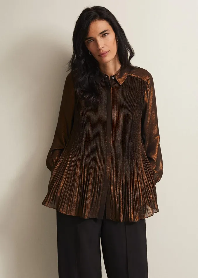 Women Phase Eight Shirts and Blouses Faye Foil Pleated Blouse Bronze