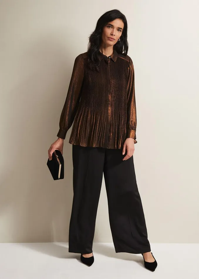 Women Phase Eight Shirts and Blouses Faye Foil Pleated Blouse Bronze