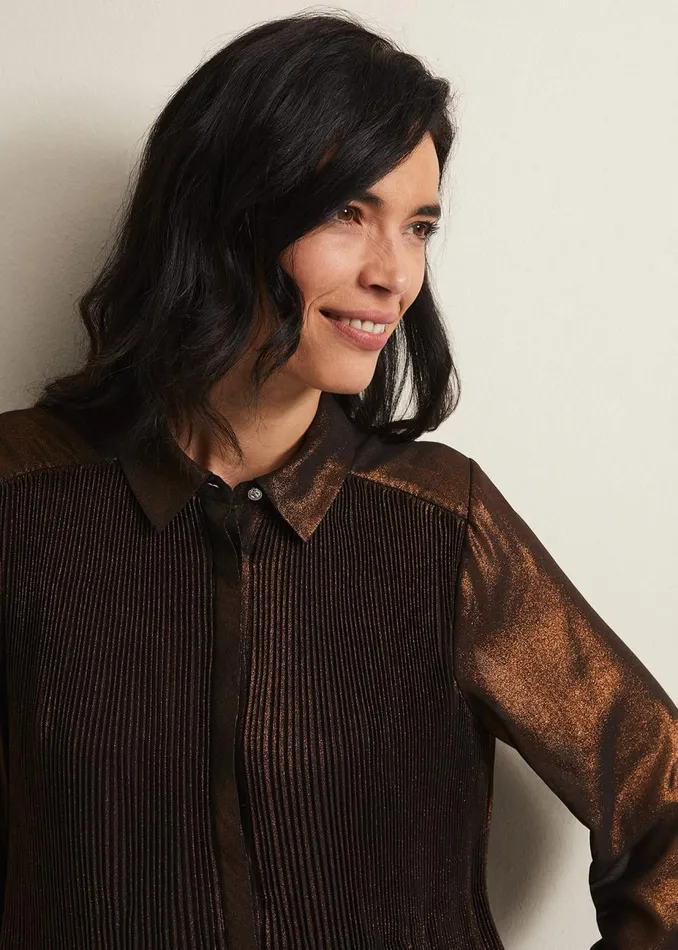 Women Phase Eight Shirts and Blouses Faye Foil Pleated Blouse Bronze