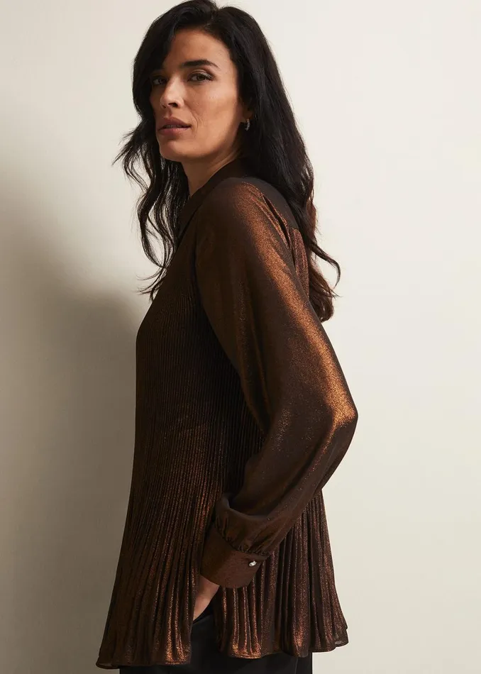 Women Phase Eight Shirts and Blouses Faye Foil Pleated Blouse Bronze