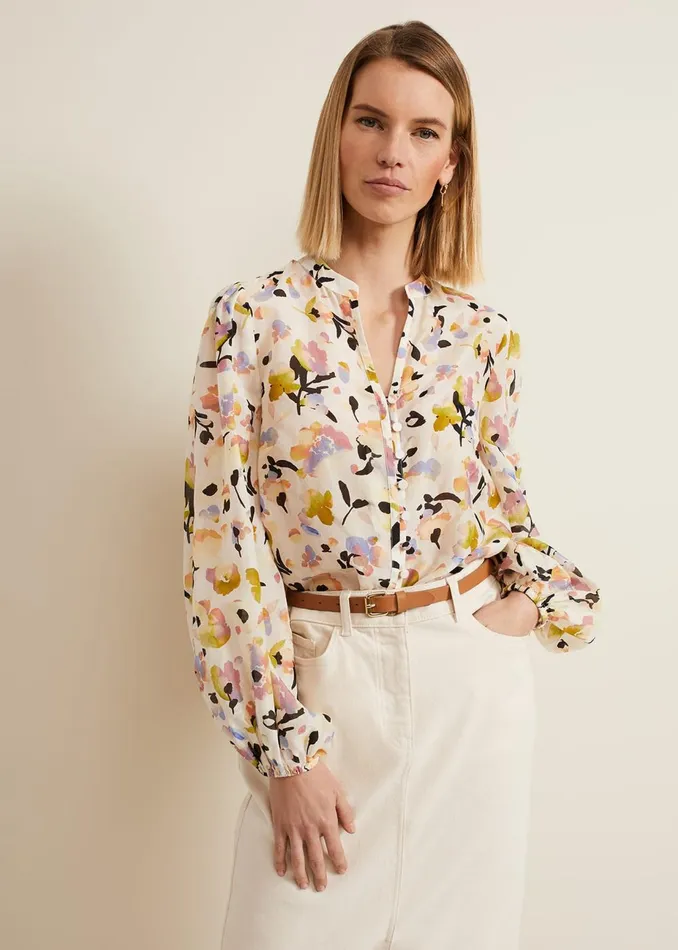 Women Phase Eight Shirts and Blouses Maddie Watercolour Silk Blend Blouse Ivory