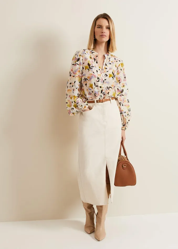 Women Phase Eight Shirts and Blouses Maddie Watercolour Silk Blend Blouse Ivory