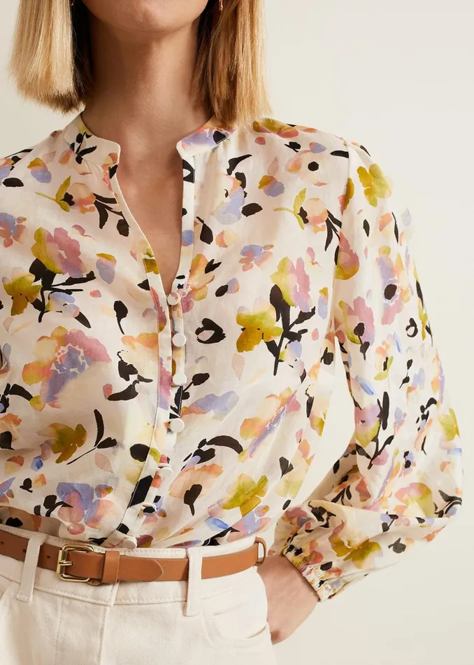 Women Phase Eight Shirts and Blouses Maddie Watercolour Silk Blend Blouse Ivory