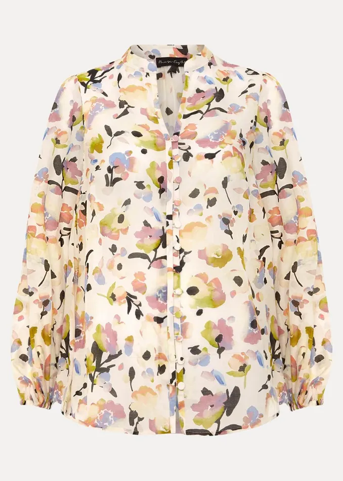 Women Phase Eight Shirts and Blouses Maddie Watercolour Silk Blend Blouse Ivory