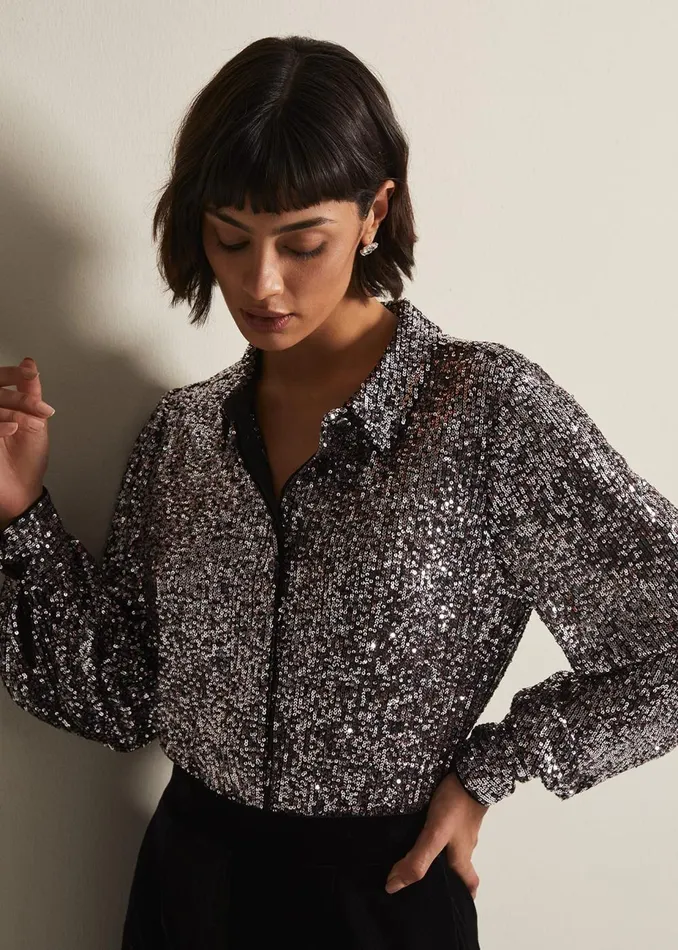 Women Phase Eight Shirts and Blouses Medora Sequin Shirt Silver