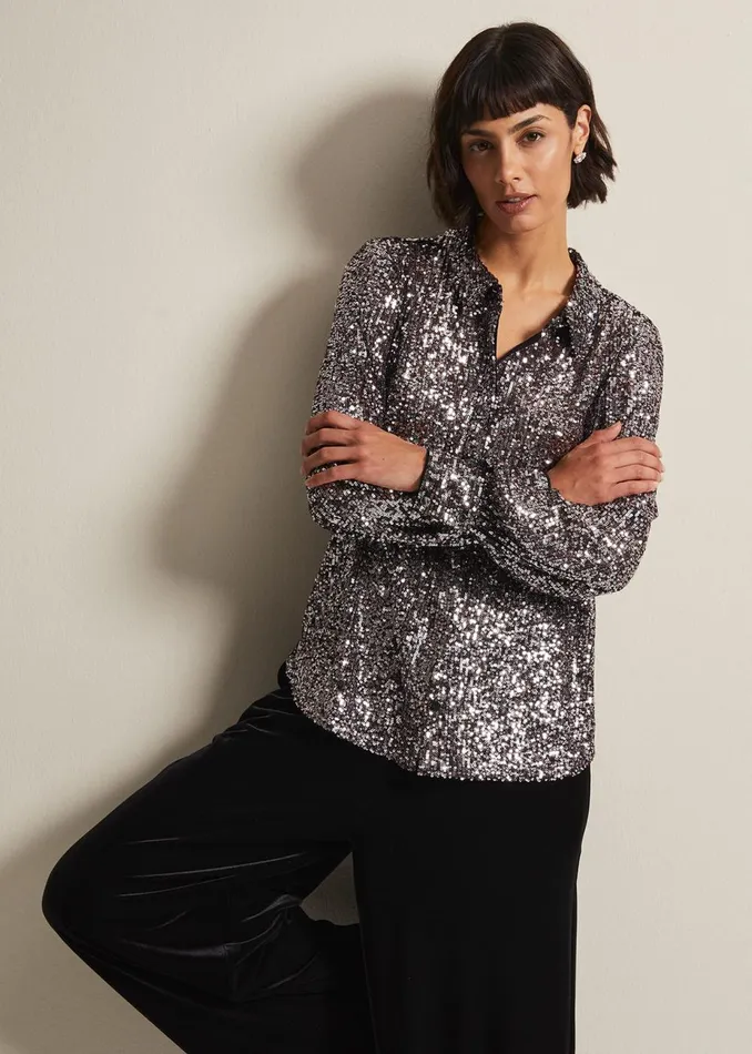 Women Phase Eight Shirts and Blouses Medora Sequin Shirt Silver