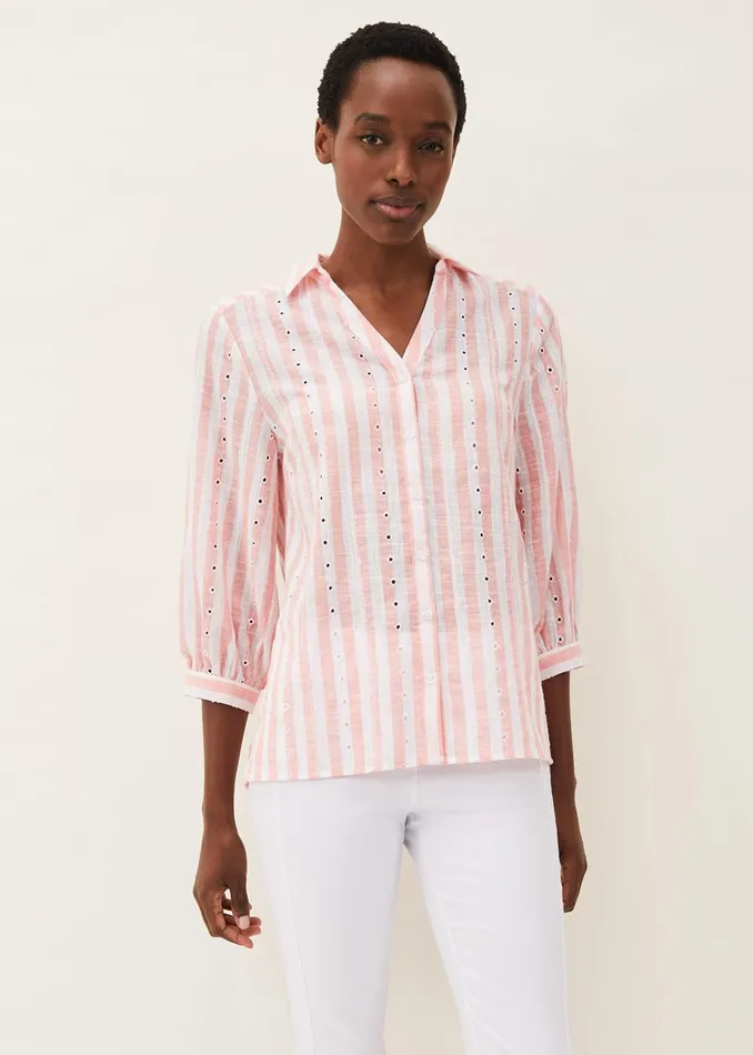 Women Phase Eight Shirts and Blouses Nanette Stripe Broderie Shirt Pinkwhite