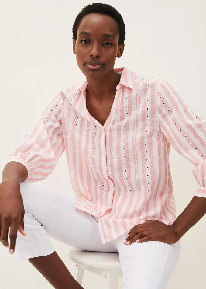 Women Phase Eight Shirts and Blouses Nanette Stripe Broderie Shirt Pinkwhite