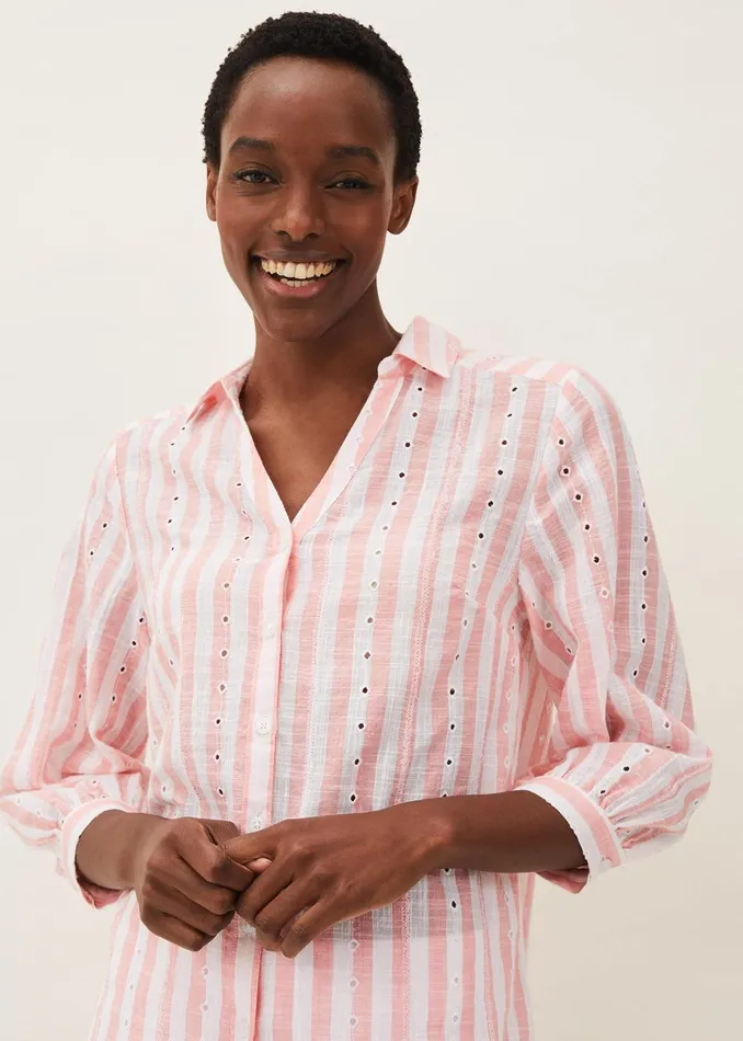 Women Phase Eight Shirts and Blouses Nanette Stripe Broderie Shirt Pinkwhite