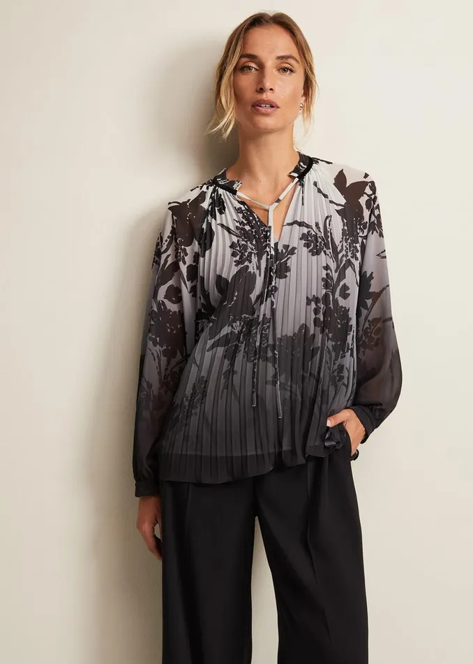 Women Phase Eight Shirts and Blouses Nayla Shadow Floral Pleat Top Grey