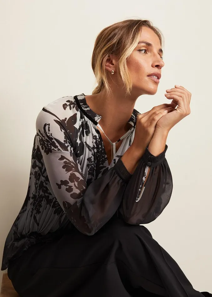 Women Phase Eight Shirts and Blouses Nayla Shadow Floral Pleat Top Grey