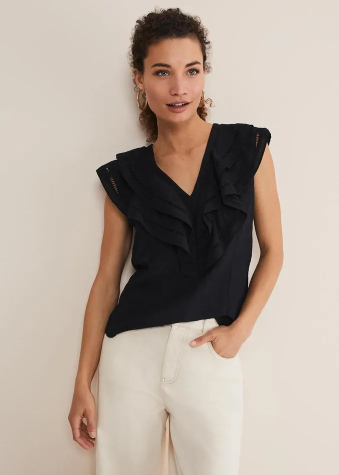 Women Phase Eight Shirts and Blouses Rosey Linen Ruffle Blouse Black