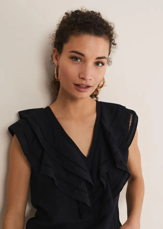 Women Phase Eight Shirts and Blouses Rosey Linen Ruffle Blouse Black