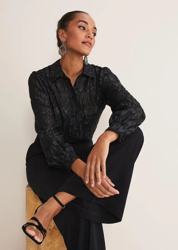 Women Phase Eight Shirts and Blouses Tate Leopard Jacquard Blouse Black