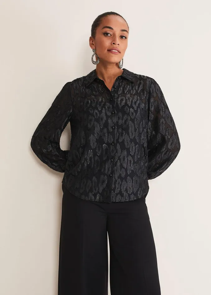 Women Phase Eight Shirts and Blouses Tate Leopard Jacquard Blouse Black