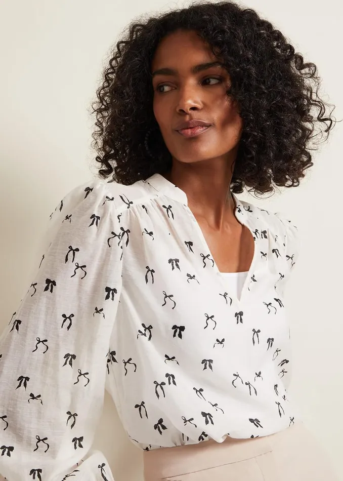 Women Phase Eight Shirts and Blouses Taytum Bow Print Blouse Ivory