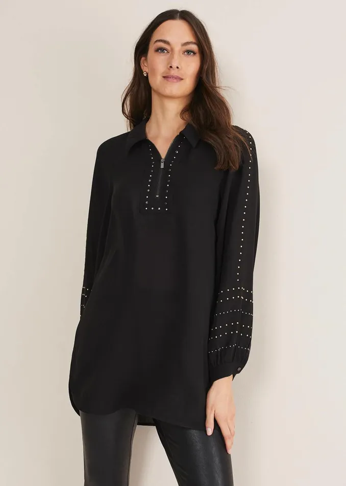 Women Phase Eight Shirts and Blouses Tullulah Heatfix Sleeve Tunic Blouse Black