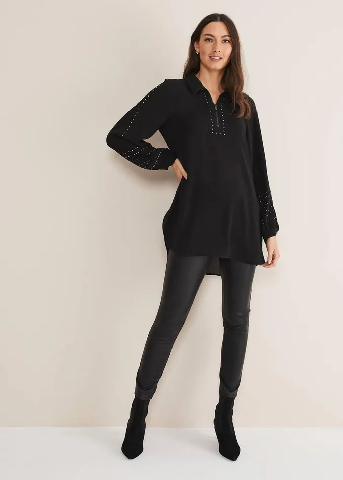 Women Phase Eight Shirts and Blouses Tullulah Heatfix Sleeve Tunic Blouse Black