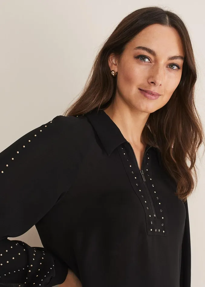 Women Phase Eight Shirts and Blouses Tullulah Heatfix Sleeve Tunic Blouse Black