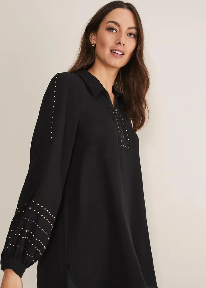 Women Phase Eight Shirts and Blouses Tullulah Heatfix Sleeve Tunic Blouse Black